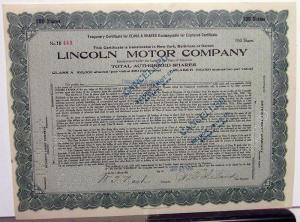 1920 Lincoln Motor Co Stock Certificate TD 449 Notarized Original Memorabilia