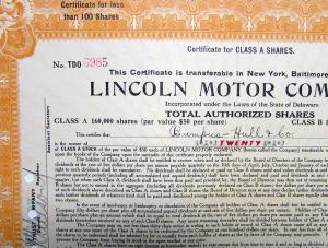 1921 Lincoln Motor Co Stock Certificate TDO 6985 Notarized Original Memorabilia