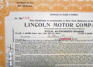 1921 Lincoln Motor Co Stock Certificate TDO 6484 Notarized Original Memorabilia