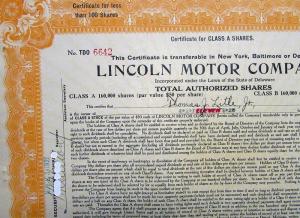 1921 Lincoln Motor Co Stock Certificate TDO 6642 Notarized Original Memorabilia