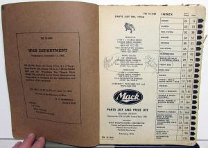 1944 Mack US Government War Department Truck Parts List 1416A Model EH & EHT