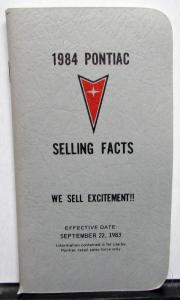 1984 Pontiac Dealer Salesmens Selling Facts Pocket Data Book Firebird Fiero