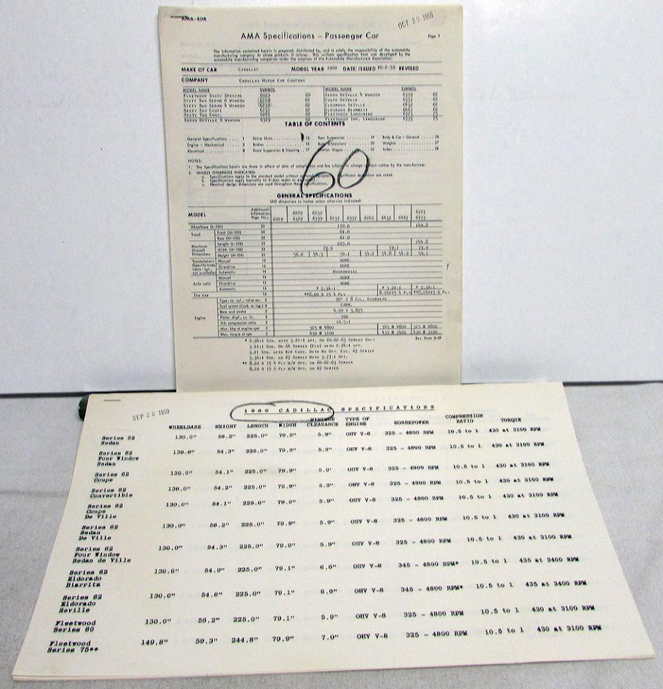 1960 Cadillac AMA Car Specifications Sheets Set Features Components Dimensions