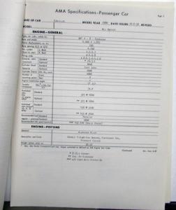 1960 Cadillac AMA Car Specifications Sheets Set Features Components Dimensions