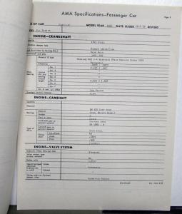 1960 Cadillac AMA Car Specifications Sheets Set Features Components Dimensions