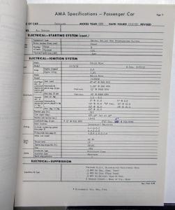 1960 Cadillac AMA Car Specifications Sheets Set Features Components Dimensions