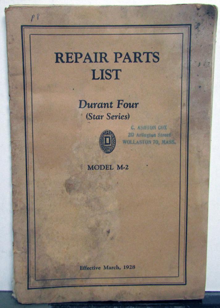 1928 Durant Four Star Series Dealer Repair Parts List Book Model M2 Original