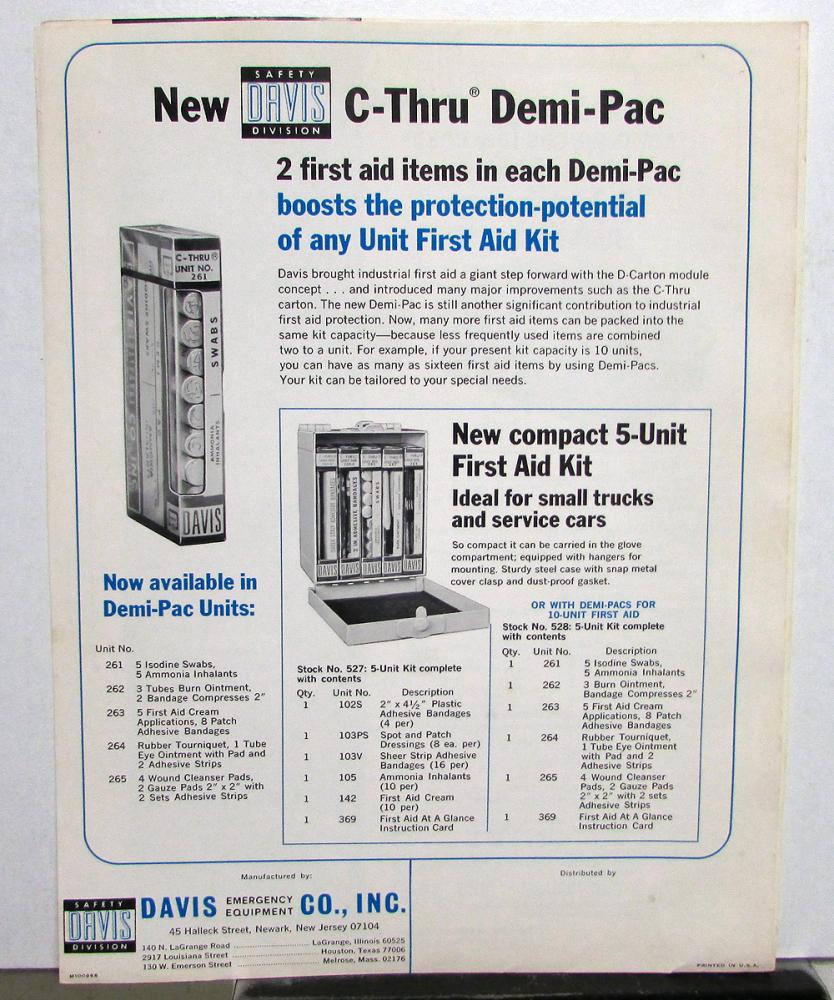 1966 1967 Davis Emergency Equipment First aid Kits & Cabinets Sales Sheets