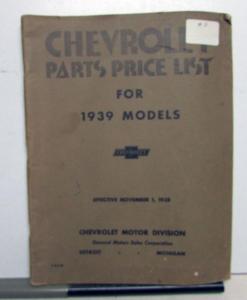 1939 Chevrolet Dealer Parts Price List Book Chassis Body & Commercial Original