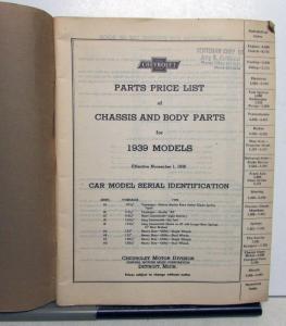 1939 Chevrolet Dealer Parts Price List Book Chassis Body & Commercial Original