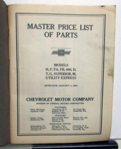 1912-24 Chevrolet Models H F FA FB 490 D T G Superior Utility Express Parts List