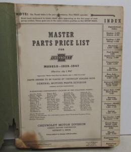 1929-1947 Chevrolet Dealer Master Parts Price List Book Six Cylinder Models Orig