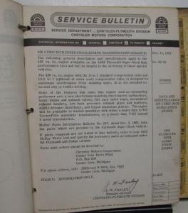 1963 Chrysler Plymouth Technical Service Bulletins 426 Super Stock Max Wedge