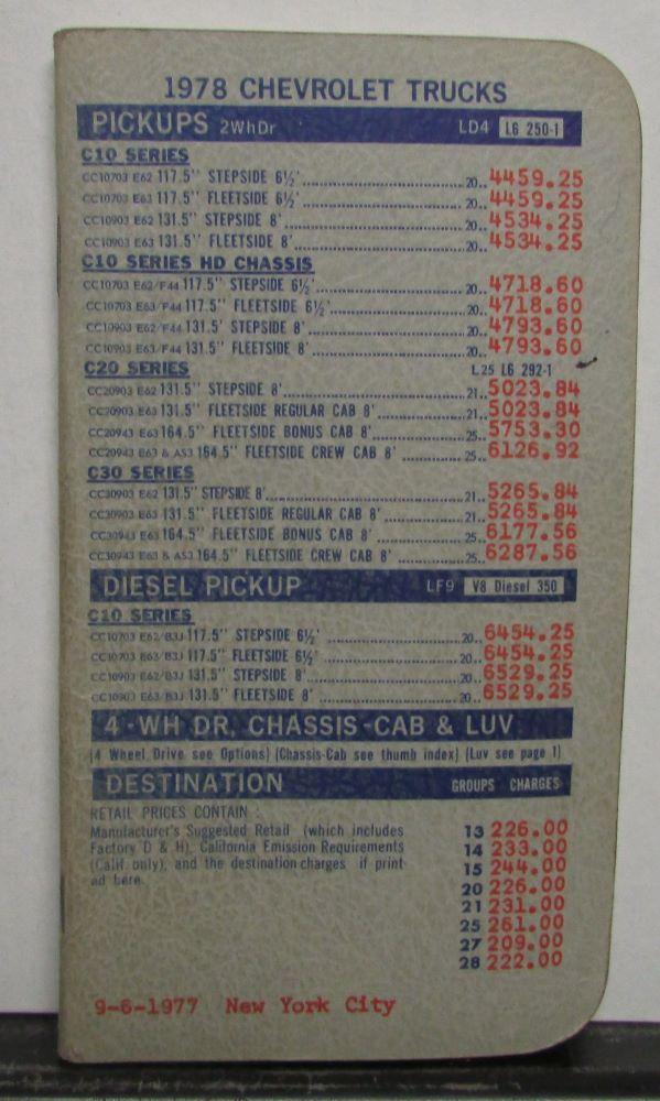 1978 Chevrolet Trucks Dealer Salesmen Pocket Price & Data Book Pickup Blazer Van