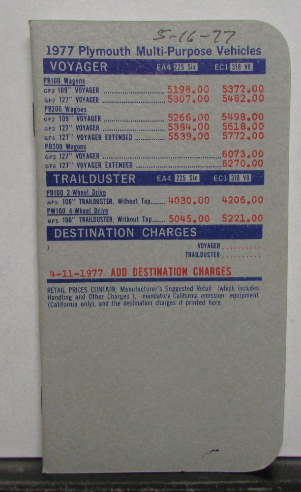 1977 Plymouth Salesmen Pocket Price Data Book Multi-Purpose Voyager Trailduster