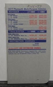 1977 Plymouth Salesmen Pocket Price Data Book Multi-Purpose Voyager Trailduster