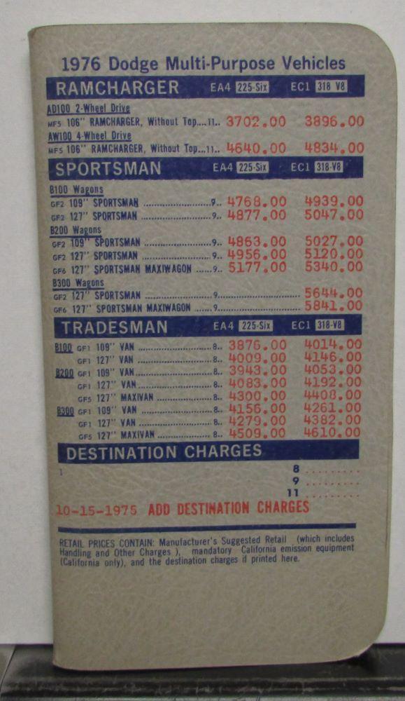 1976 Dodge Salesmen Pocket Price Data Book Multi-Purpose Ramcharger Van