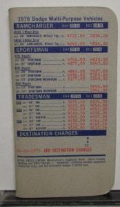 1976 Dodge Salesmen Pocket Price Data Book Multi-Purpose Ramcharger Van