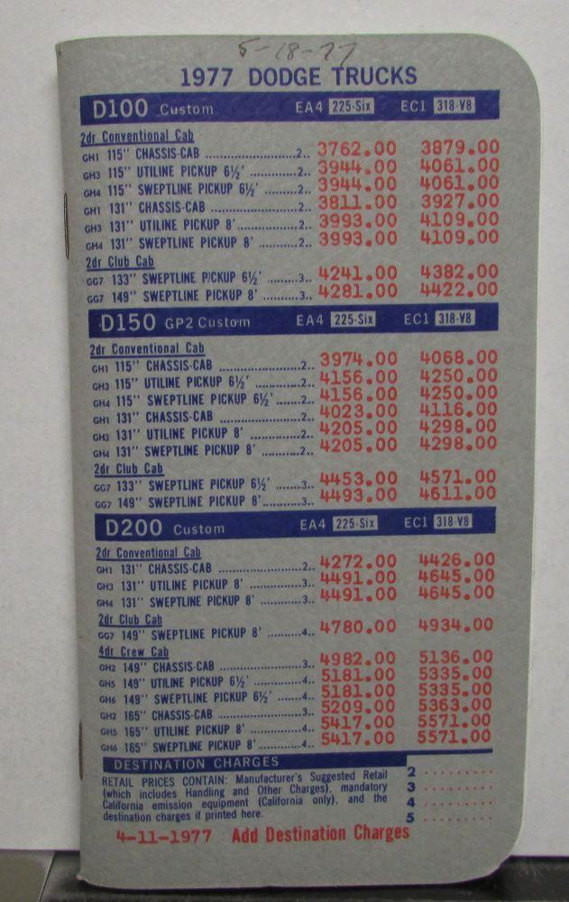 1977 Dodge Truck Salesmen Pocket Price Data Book D100 150 200 W100 150 200