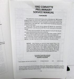 1992 Chevrolet Corvette Shop Service Repair Manual LT1 LT5 ZR-1 Preliminary