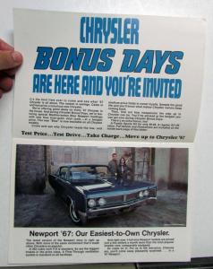 1967 Chrysler NOS Sales Brochure Bonus Days Mailer Newport 300 New Yorker