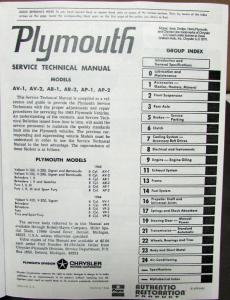 1965 Plymouth Shop Service Manual Valiant Barracuda Belvedere Satellite Fury