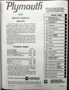 1967 Plymouth Shop Service Manual Hemi GTX Satellite Sport Fury Valiant Signet