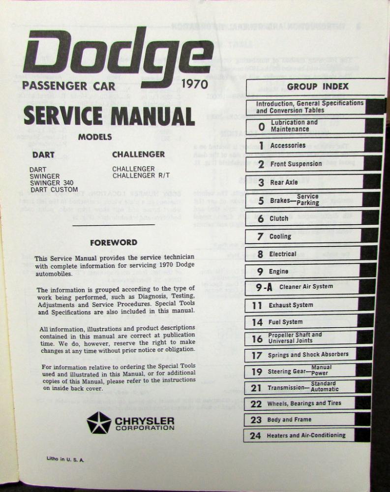 NOS Mopar 1970 Dodge Challenger R/T 440 6 Pack Hemi Dart Swinger Service  Manual