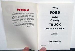 1955 Ford Triple Economy Truck Operator Owner Manual Reproduction Pickup