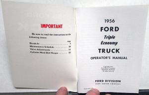 1956 Ford Triple Economy Truck Operator Owner Manual REPRODUCTION Pickup