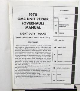 1978 GMC Truck Dealer Service Shop Manual Unit Overhaul Light Duty 1500 - 3500