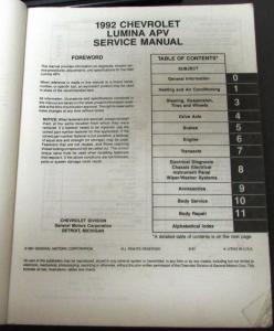 1992 Chevrolet Truck Dealer Service Shop Manual Lumina APV Mini-Van Repair