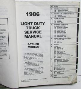 1986 Chevrolet Truck Dealer Service Shop Manual S10 Pickup Repair