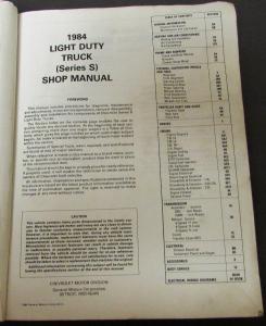 1984 Chevrolet Truck Dealer Service Shop Manual Light Duty S Series S10 Repair
