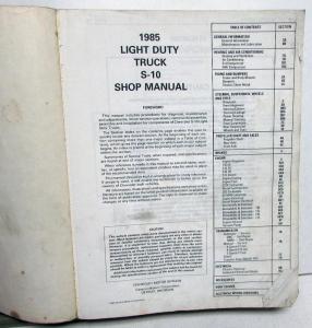1985 Chevrolet Truck Dealer Service Shop Manual Light Duty S Series S10 Repair