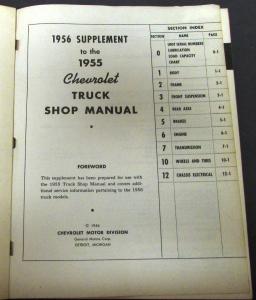 1956 Chevrolet Truck Service Shop Manual Supplement Pickup 1/2, 3/4, 1, 2 Ton