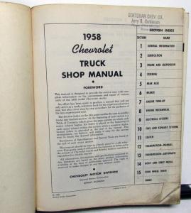 1958 Chevrolet Truck Service Shop Manual Pickup 1/2, 3/4, 1, 2 Ton