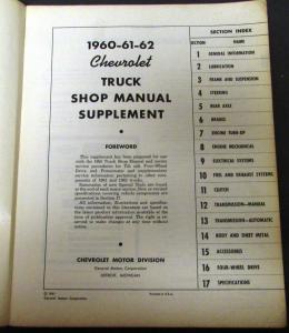 1960-62 Chevrolet Truck Service Shop Manual Supplement Tilt Cab 4 Wheel Drive