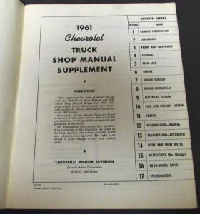 1961 Chevrolet Truck Service Shop Manual Supplement Updates Repair Pickup