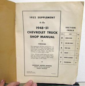 1952 Chevrolet Truck Service Shop Manual Supplement Full Line Updates