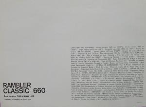 1965 Rambler Classic 660 Con motor Tornado Jet Spec Sheet Spanish Text Original
