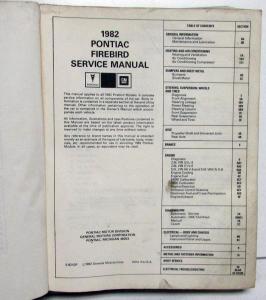 1982 Pontiac Service Shop Manual Firebird Trans Am T/A S/E 3rd Generation Repair