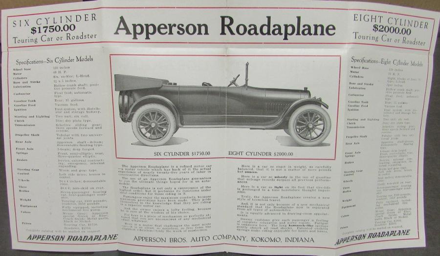 1917 Apperson Roadaplane Six & Eight Cylinder Sales Brochure Leaflet