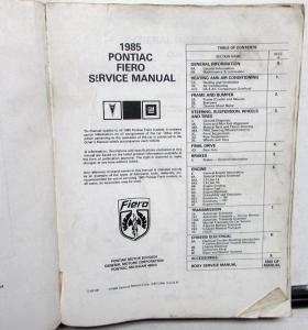 1985 Pontiac Dealer Service Shop Manual Fiero S/E Repair Maintenance Original