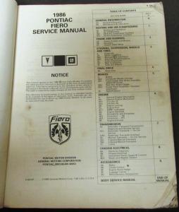1986 Pontiac Dealer Service Shop Manual Fiero S/E G/T Repair Maintenance
