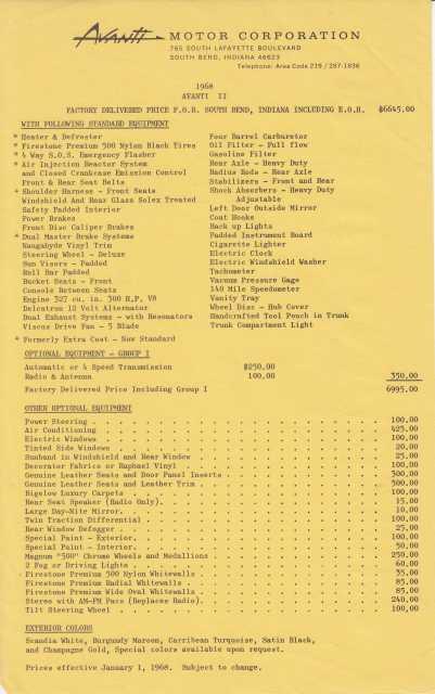 1968 Avanti II Motor Corp FOB Price List ORIGINAL