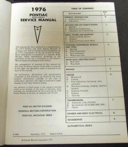 1976 Pontiac Service Manual Supplement Ventura Firebird LeMans Grand Am Prix