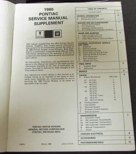 1980 Pontiac Service Manual Supplement Firebird LeMans Grand Prix Grand Am