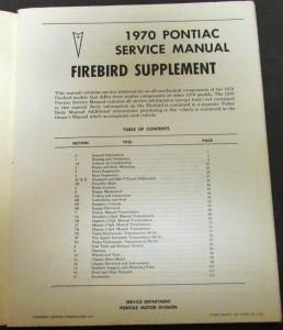 1970 Pontiac Service Shop Manual Supplement Firebird Supplement Trans Am T/A
