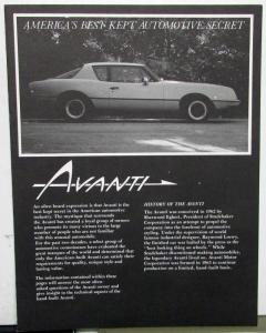1983 Avanti Card Stock Sales Brochure Folder Original Features Specs Options